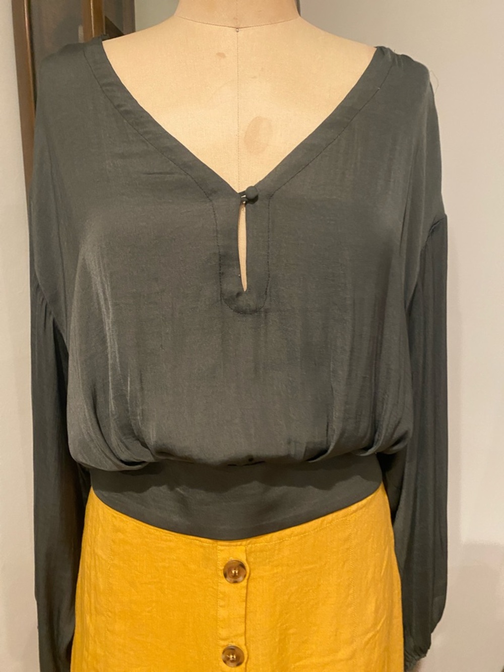 Anthropologie Olive Green V-Neck Long Sleeve Blouse